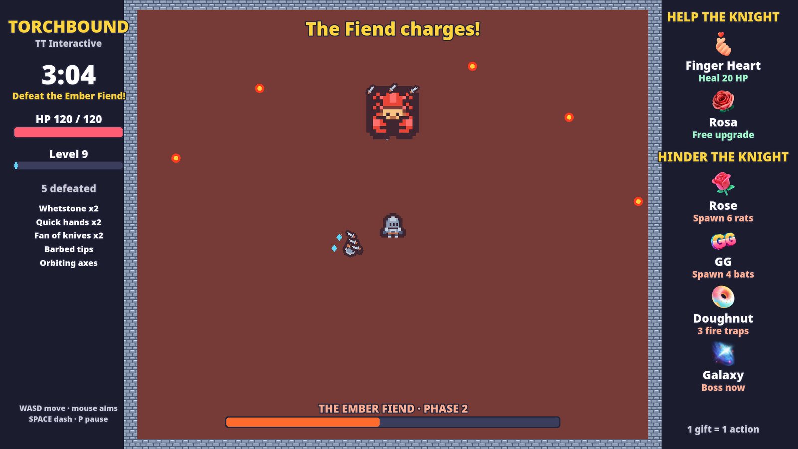 Torchbound boss fight: the knight facing the Ember Fiend in phase 2, with the gift list down the right side