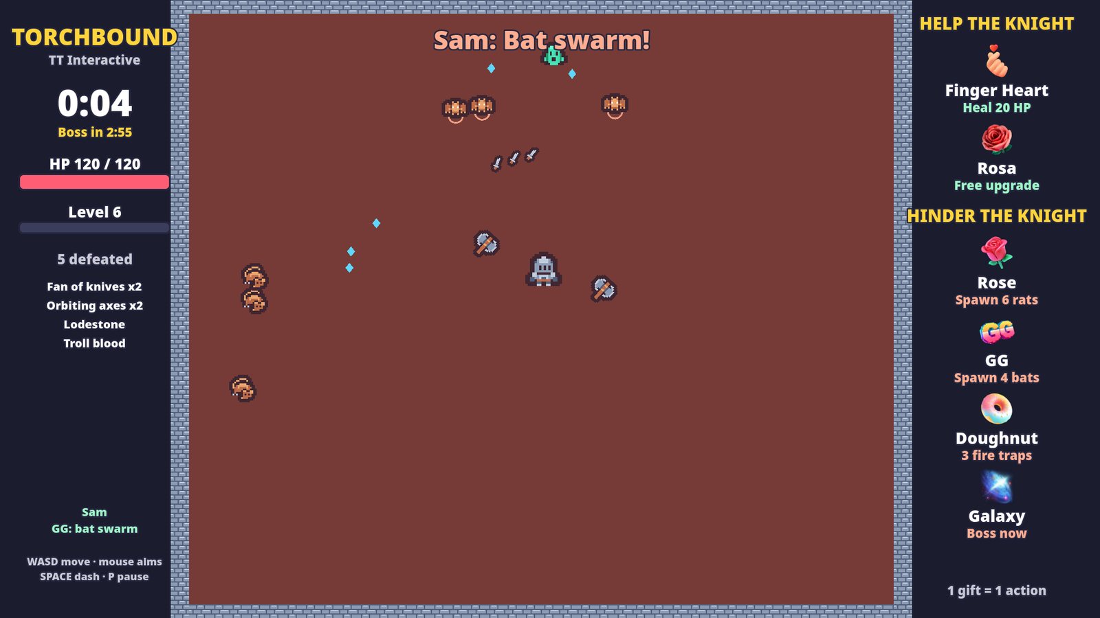 Torchbound: a practice GG gift sends a bat swarm, with the gifter's name at the top