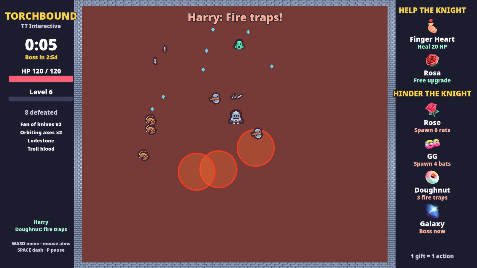 Torchbound: a Doughnut gift lights 3 fire traps near the knight