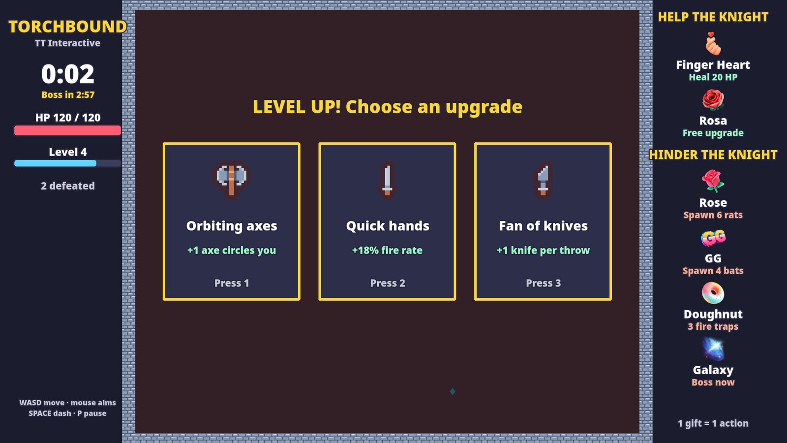 Torchbound level up screen with 3 upgrade cards to choose from