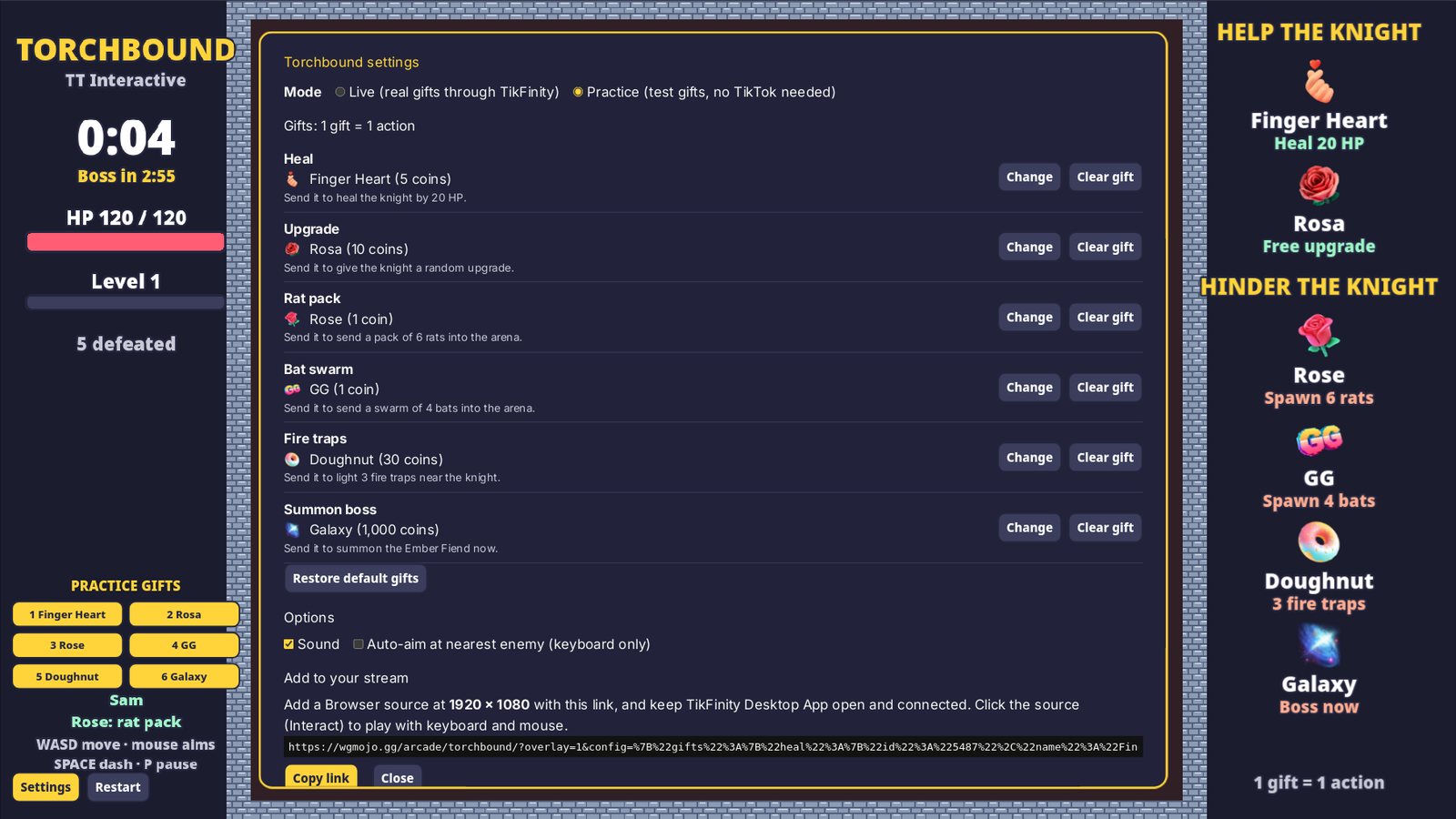 Torchbound settings: gift pickers for each action and the overlay link to copy