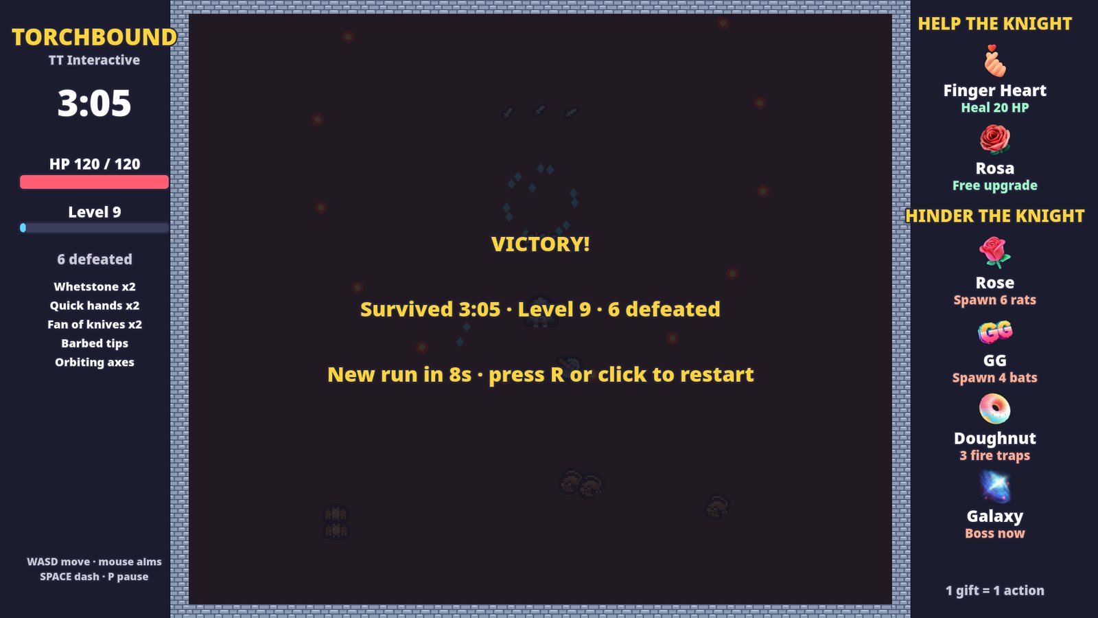Torchbound victory screen showing time survived, level and enemies defeated