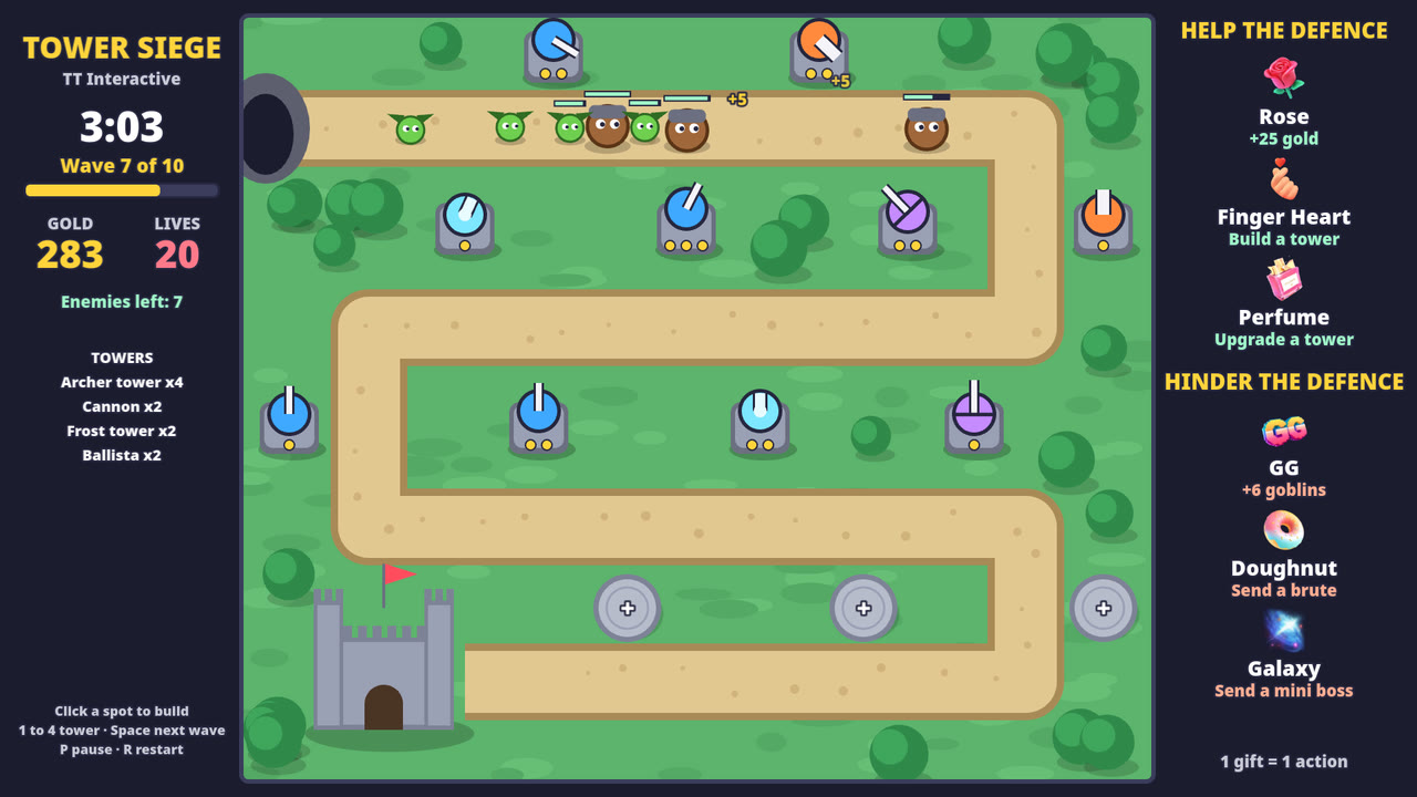 Tower Siege gameplay: goblins and brutes on the winding road past rows of towers, with the castle and the gift list