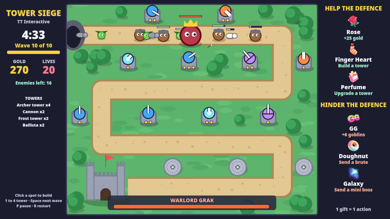 Tower Siege final wave: Warlord Grak marches down the road past upgraded towers, with his health bar at the bottom and the gift list down the right side