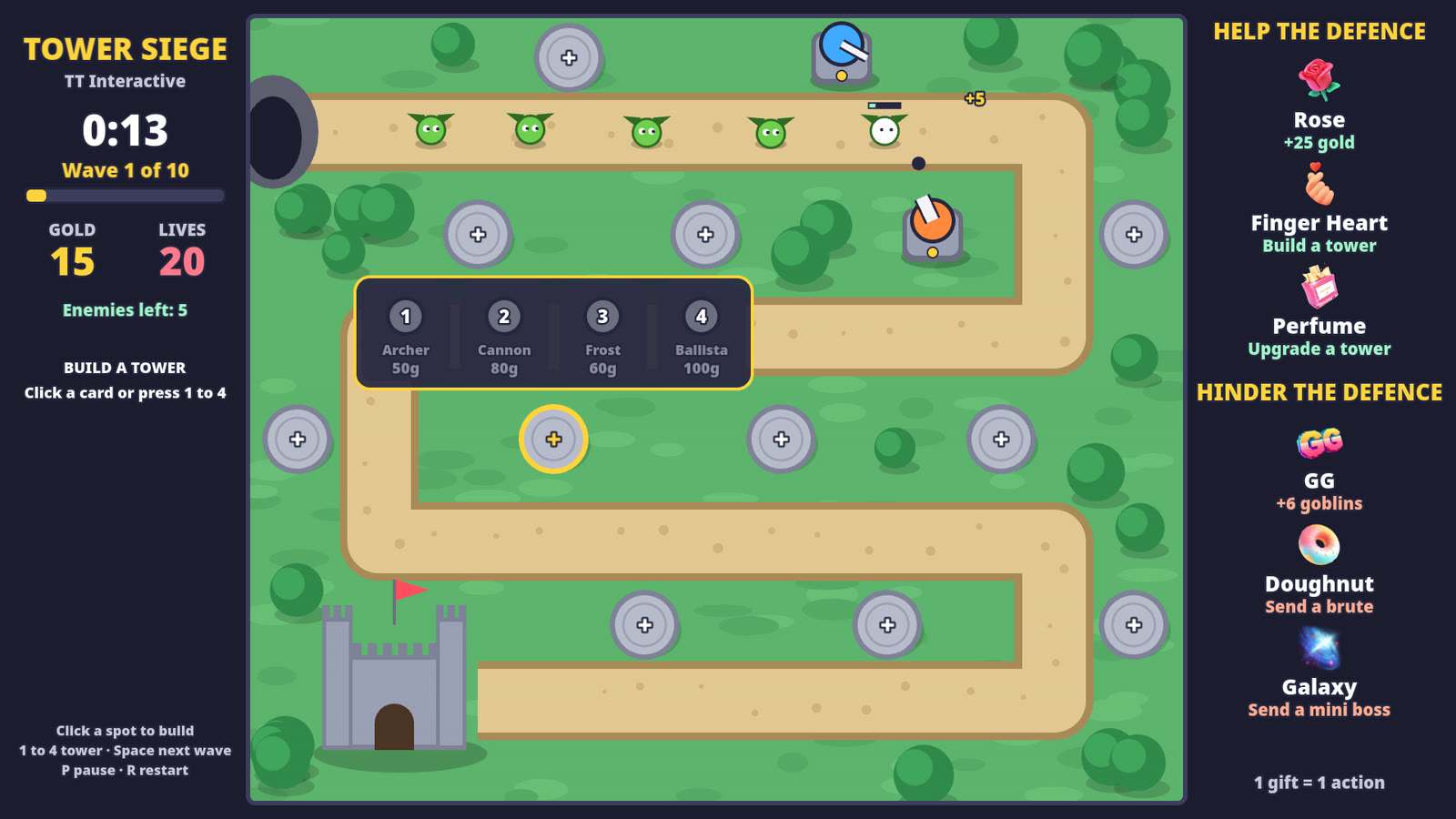 Tower Siege build menu open over an empty spot, with the archer tower, cannon, frost tower and ballista to choose from
