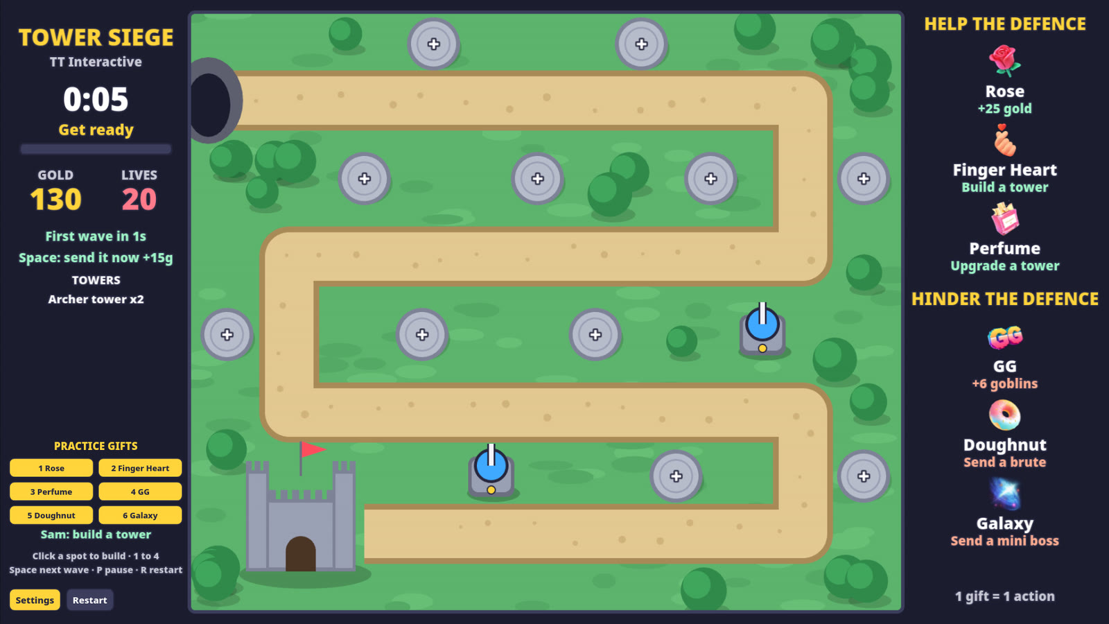 Tower Siege: Finger Heart gifts build free archer towers on empty spots
