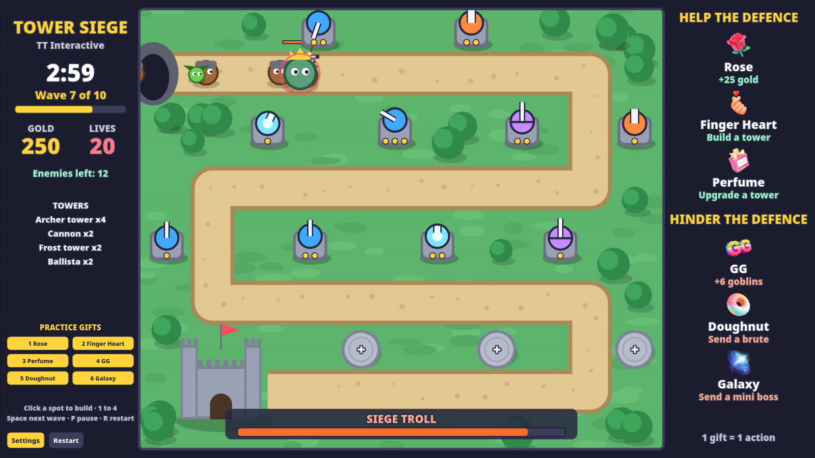 Tower Siege: a Galaxy gift sends a siege troll mini boss down the road, with its health bar at the bottom
