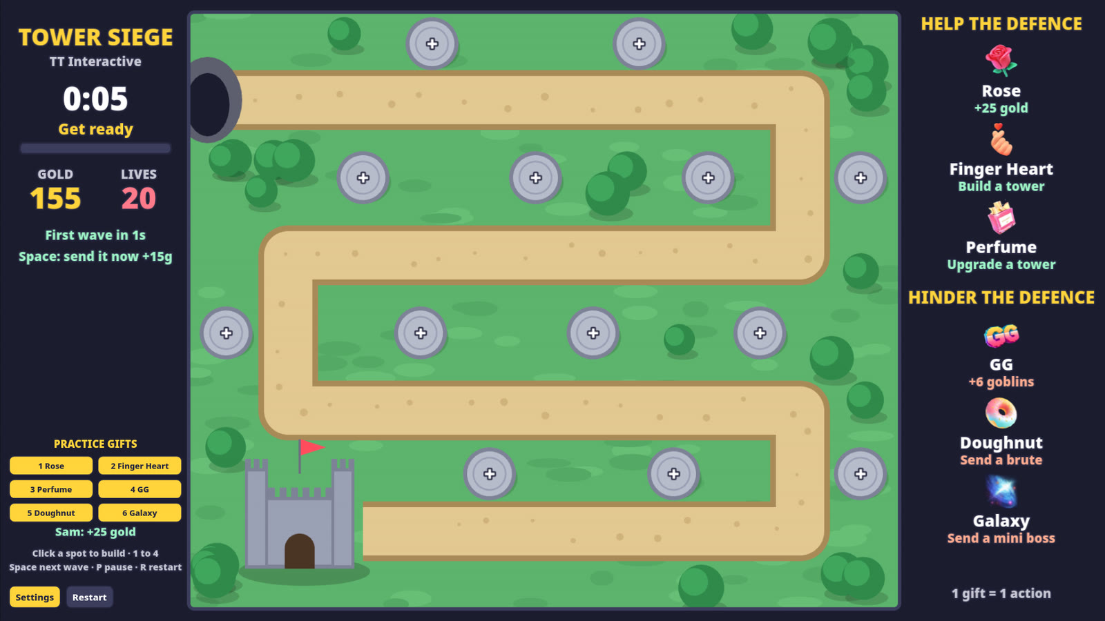 Tower Siege play page with the Practice Gifts buttons on the left