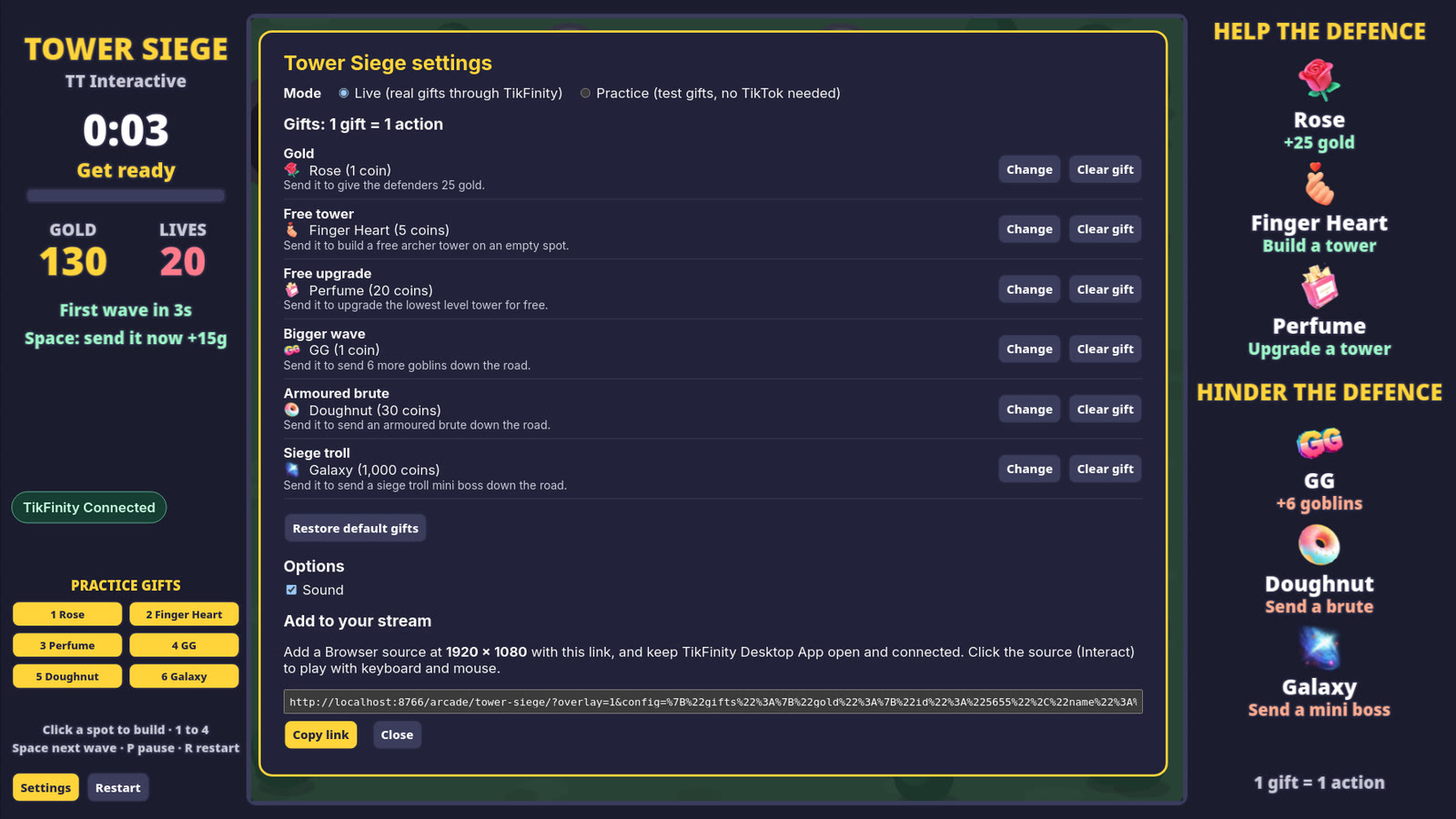 Tower Siege settings: gift pickers for each action and the overlay link to copy