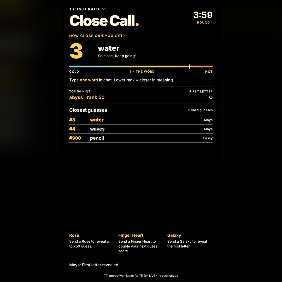 Close Call screenshot showing close call gifts