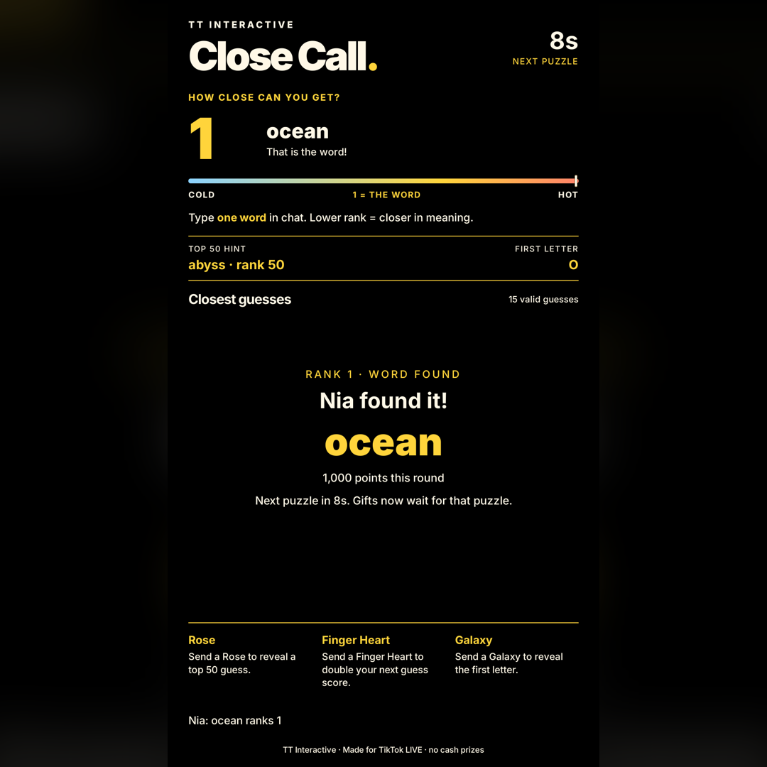 Close Call screenshot showing close call play