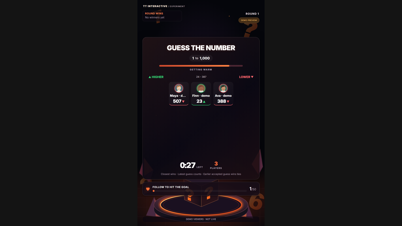 Guess the Number hero screenshot showing active play