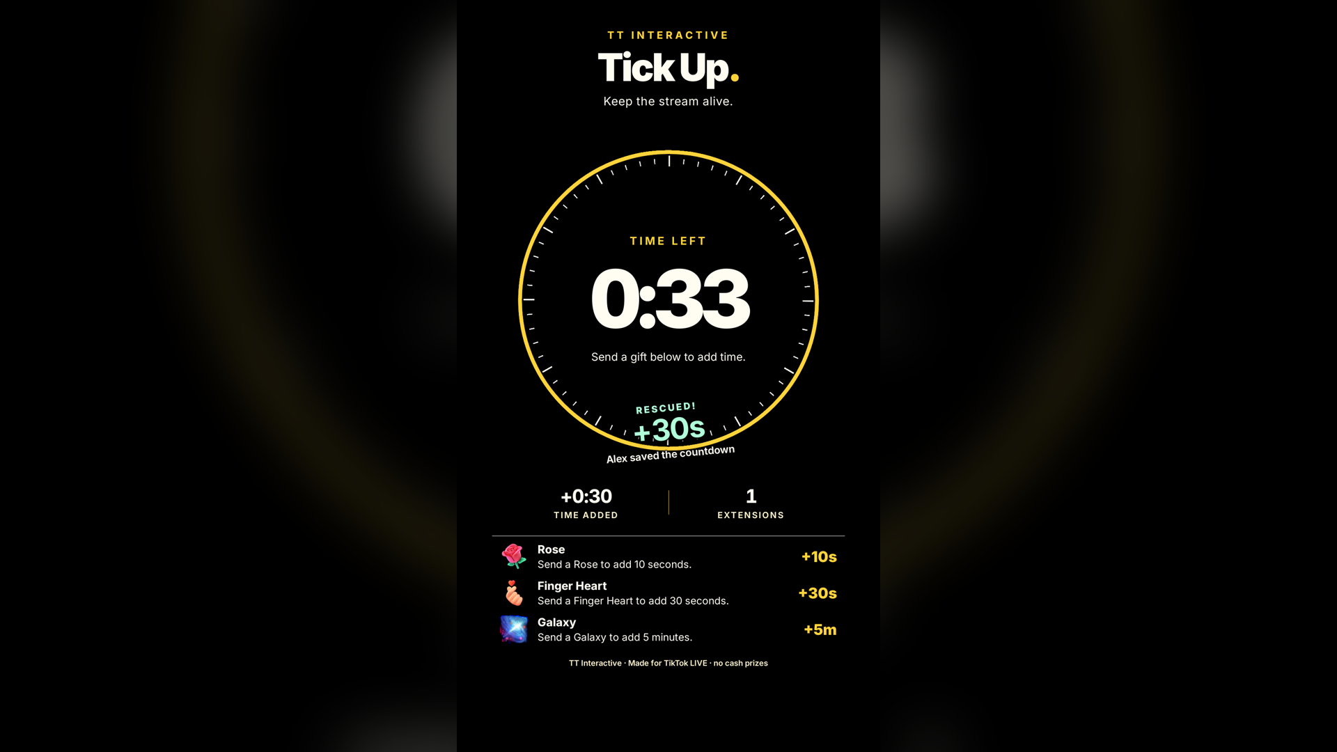 Tick Up hero screenshot showing tick up gifts