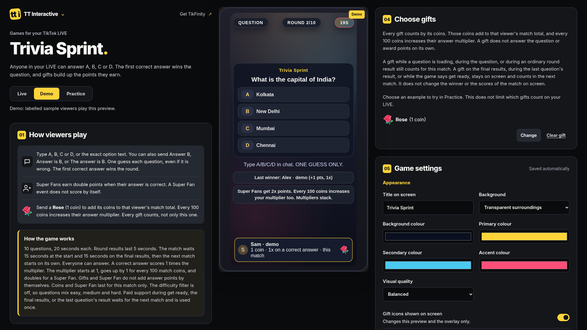 Trivia Sprint screenshot showing question live
