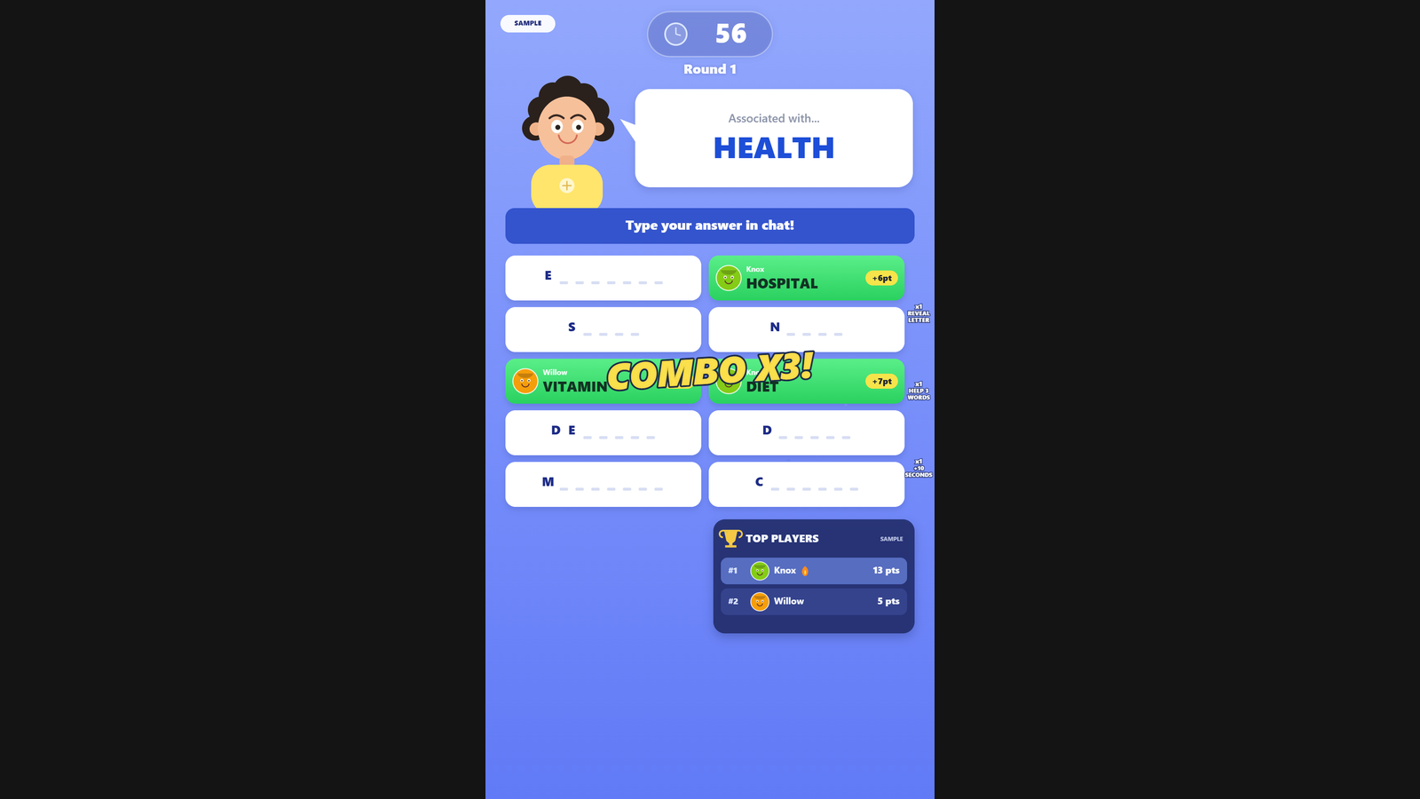 Word Association hero screenshot showing active battle